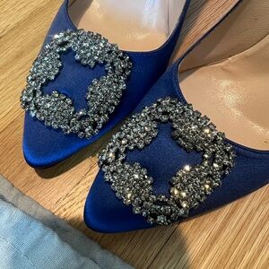 Manolo Blahnik Blue Satin Heels with Crystal Embellishments